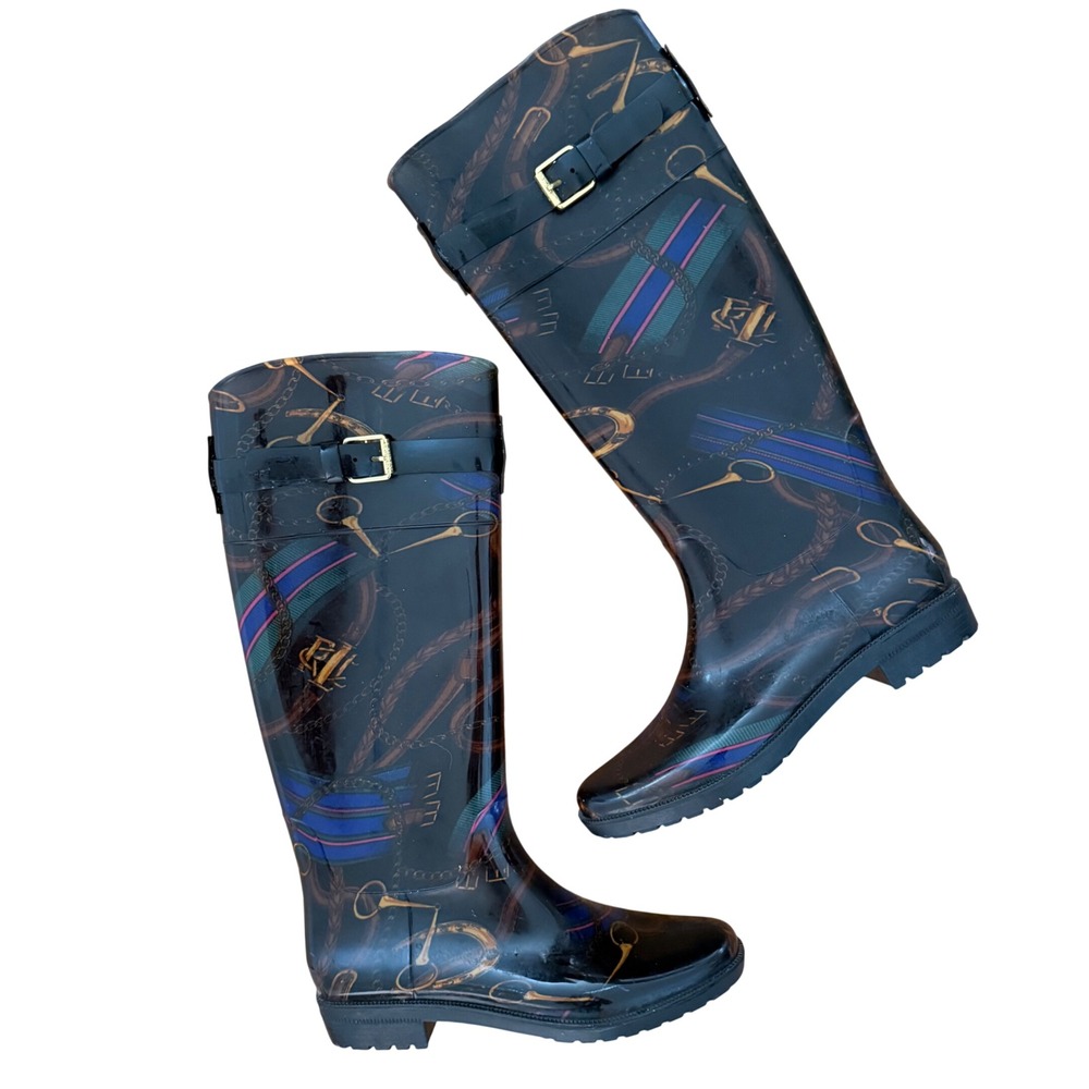 Lauren Ralph Lauren Rossalyn II Equestrian Print Rain Boots Black Multi Size 8